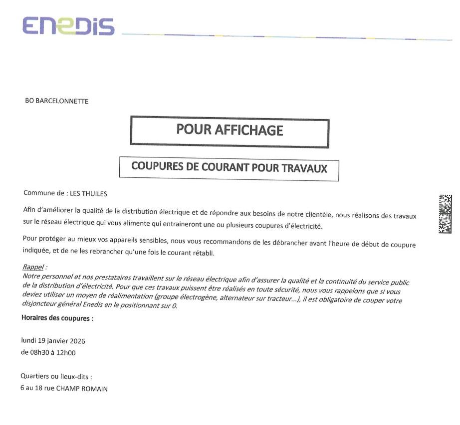 Coupure de courant lundi 19 janvier 2026