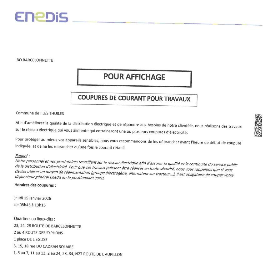 Coupure électrique Jeudi 15 janvier 2026