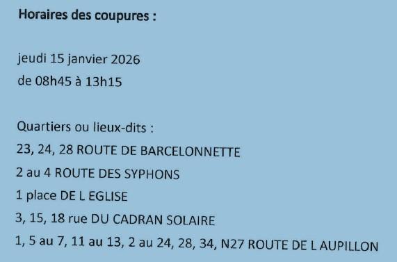 Horaires des coupures 15 janvier 2026