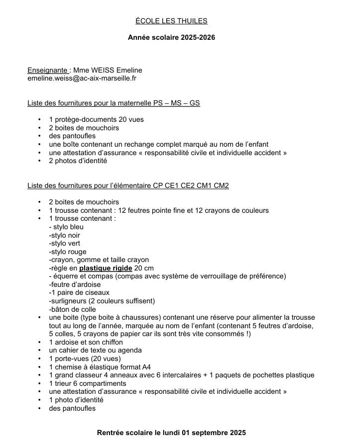 Liste fournitures 2025-2026